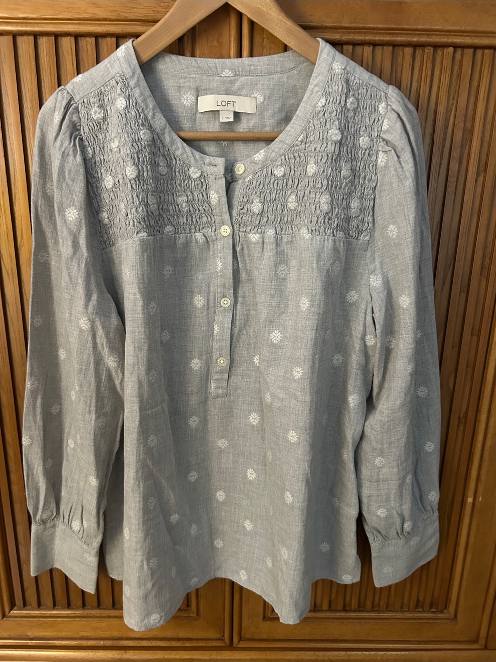 LOFT Light Grey Snowflake Smocked Yoke Top